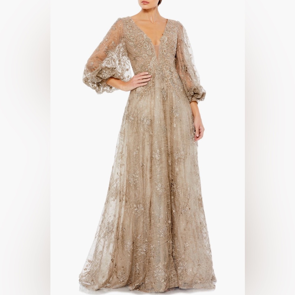 Mac Duggal - Sequin and Embroidery A-Line - Puffed Sleeve - Size 8